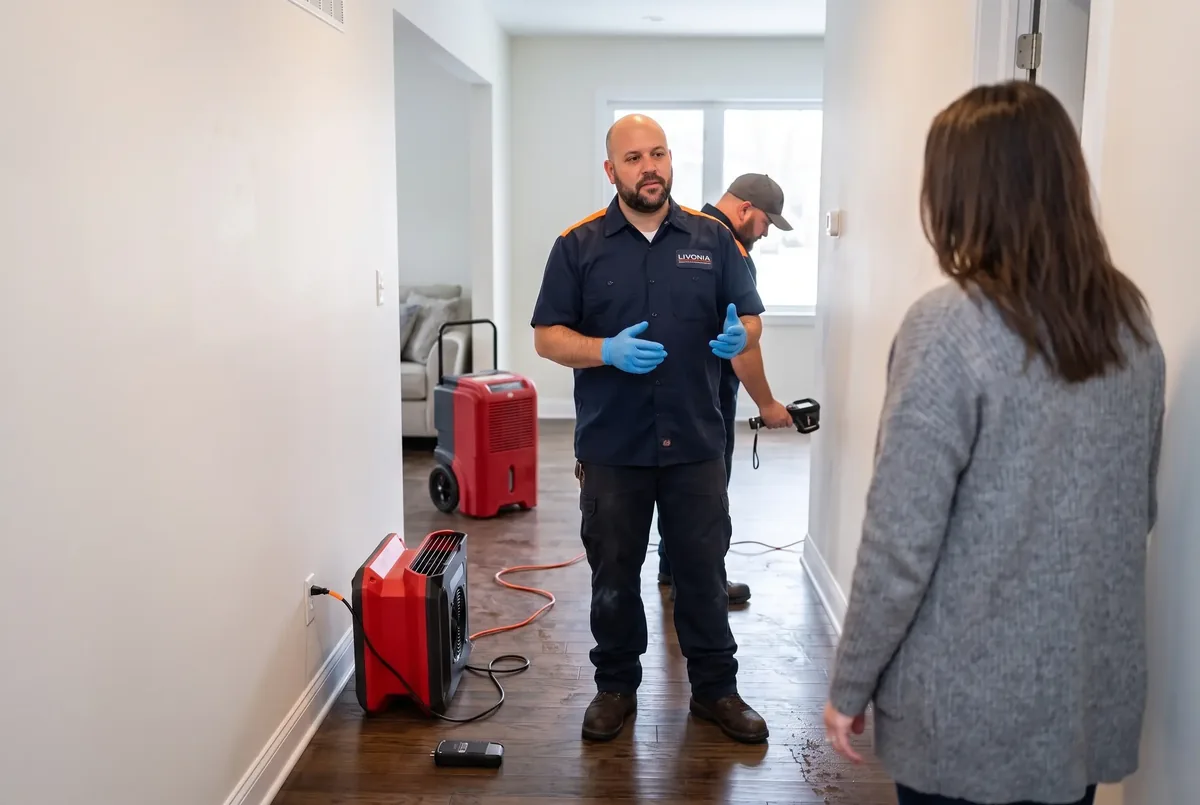 Technician explaining the drying plan to a homeowner in a room with a dehumidifier