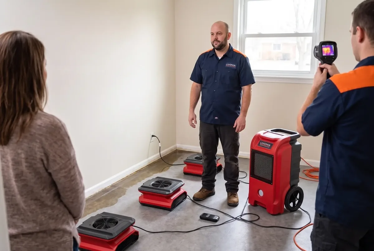 Technician standing beside a dehumidifier while a second technician uses a thermal camera